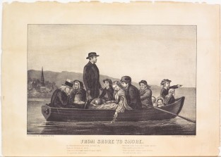 Boat on water with man near center standing