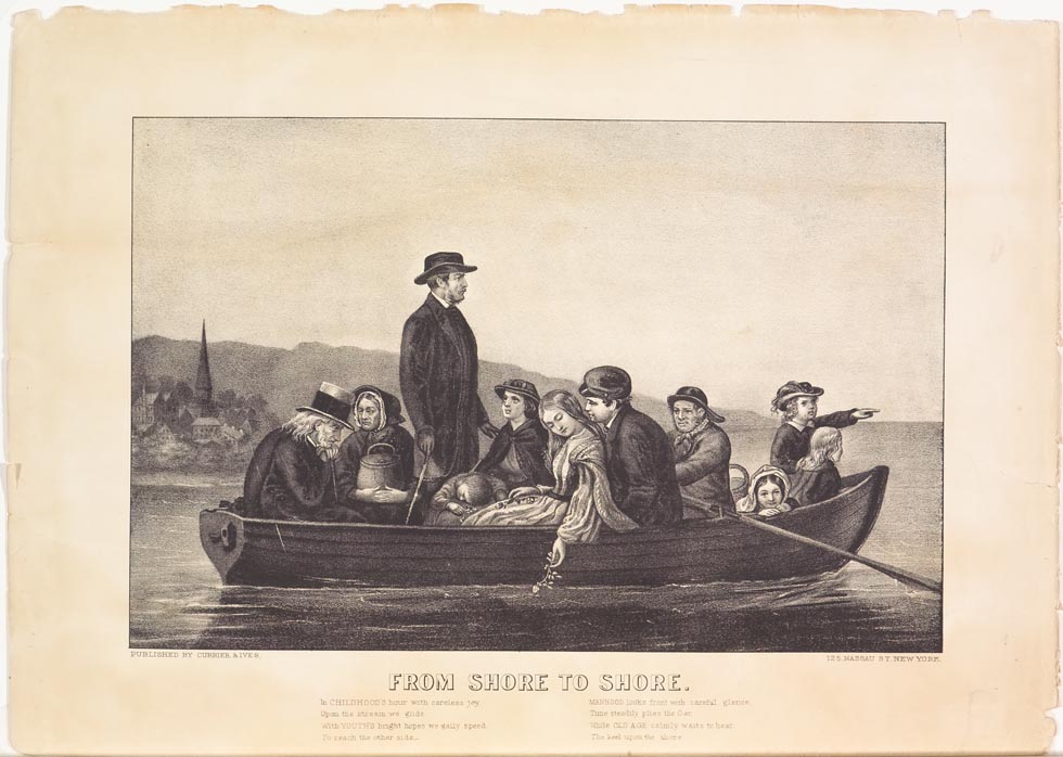 Boat on water with man near center standing