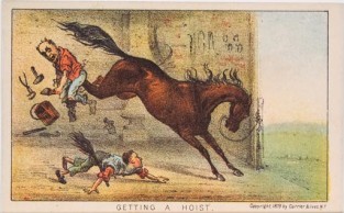 Horse At Center Kicking Up Rear Legs And Knocking Down Two Men