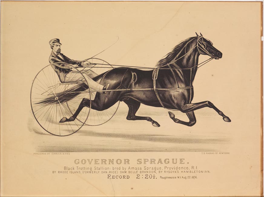 Driver and horse trotting to right in image