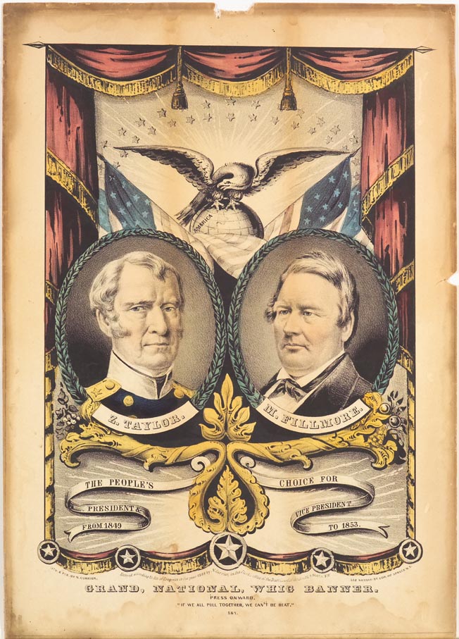 Two oval portraits at center with banners below each; set in front of a stage with red drapes and an eagle on a globe at center