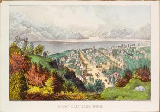 Bird's eye view from hill top looking down into town along lake