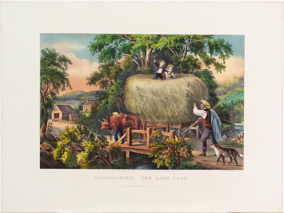 Pastoral scene of large oxen drawing hay wagon loaded with hay headed over bridge