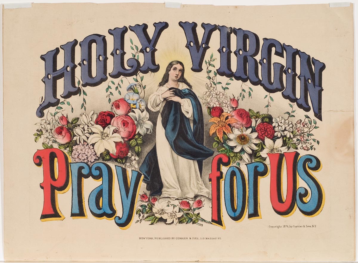 Mary stands at center in white gown with blue robe and is surrounded by flowers to left