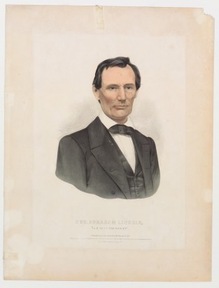 Mid chest view of unbearded Abraham Lincoln facing forward - three buttons visible on vest