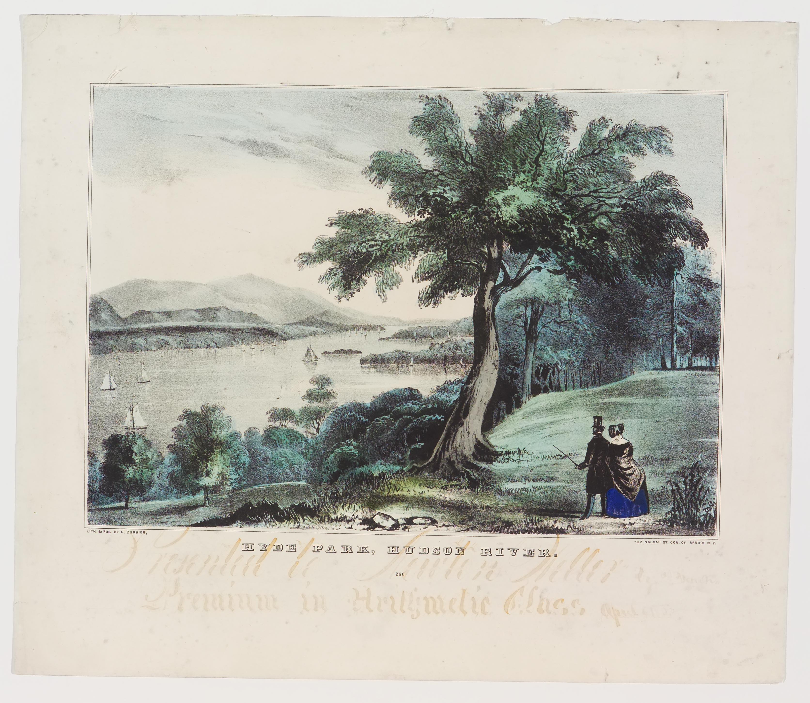 Sailboats in river to left; large tree in center; man and woman approaching tree and river from right