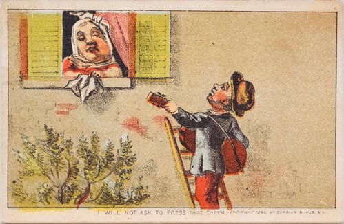 Woman at window being serenaded by man on ladder playing guitar for her