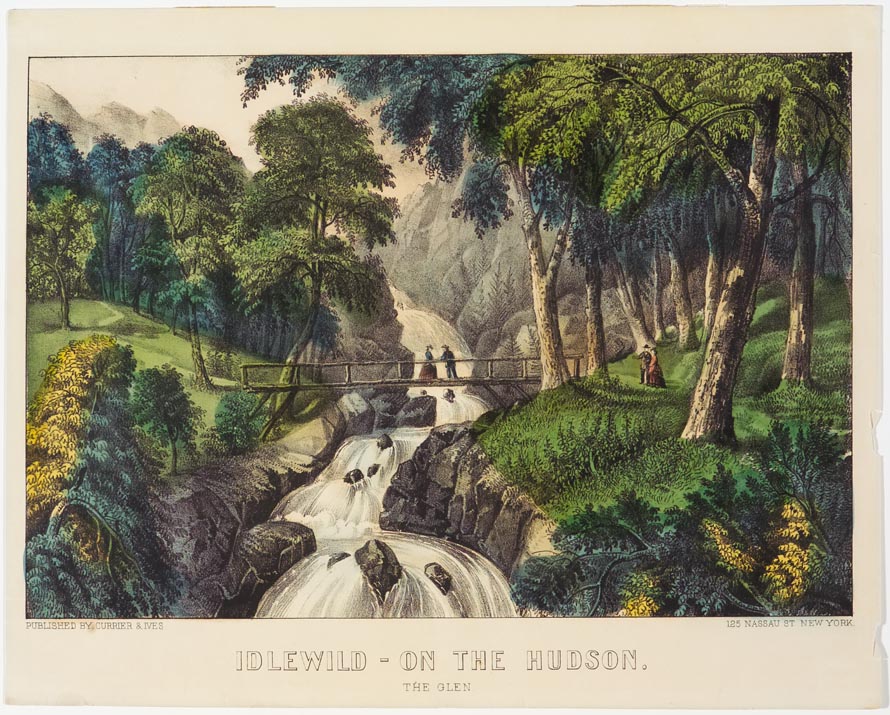 Woodland scene with river cascading down center