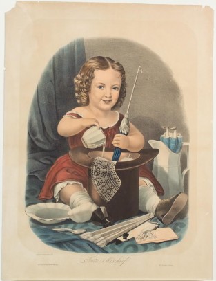 Young Girl In Red Dress Sitting On Floor Behind A Top Hat Into Which She Is Pouring Milk And Stirring With An Umbrella