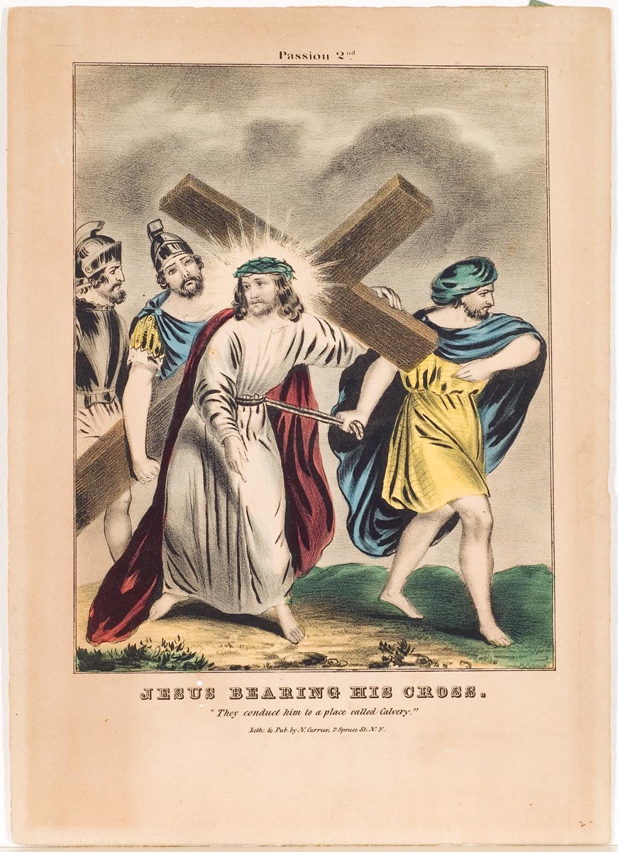 Christ at center shouldering cross as he's escorted by two soldiers