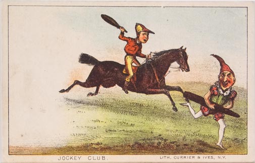 Jockey riding horse to right in image chasing man dressed as jester carrying a cigar