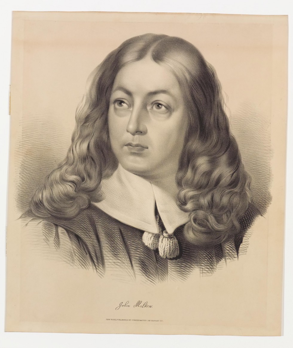 Black and white sketch of man with shoulder-length wavy hair facing to left and up in image