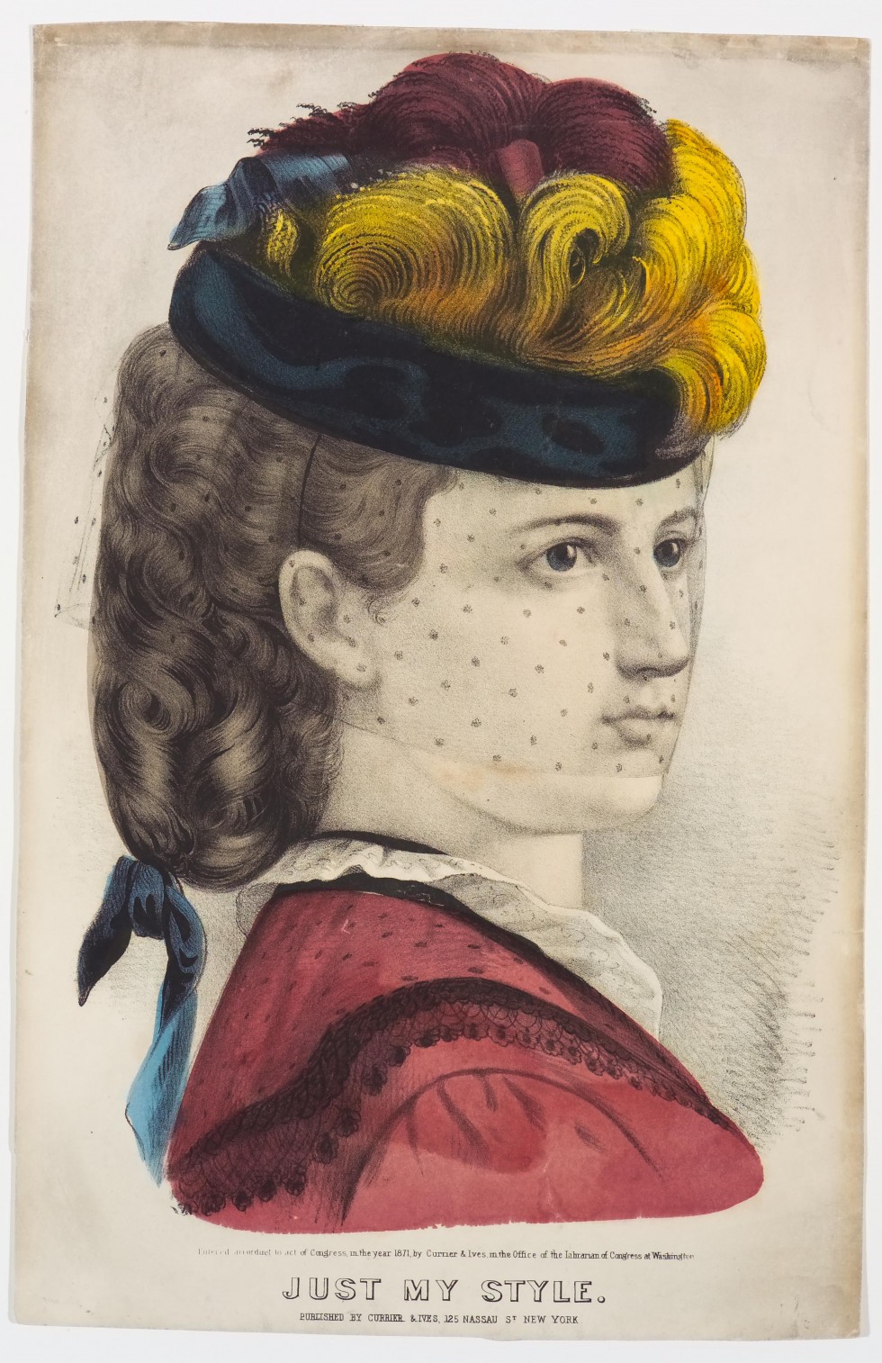 Upper torso view of woman facing right wearing blue hat with yellow and red plumes nestled in top of hat