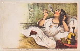 Woman Smoking Cigar Lying In Bed
