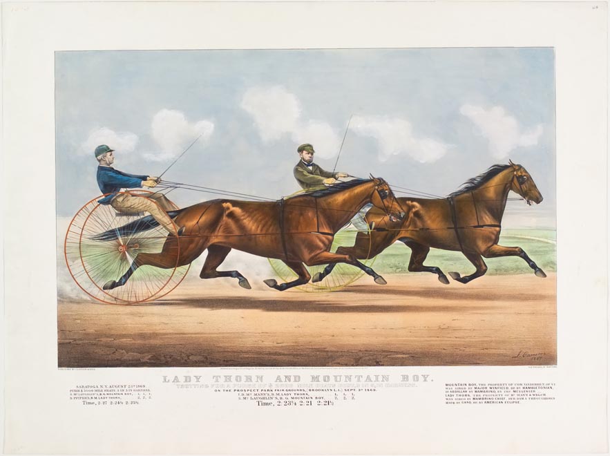 Two trotters racing to the right in image