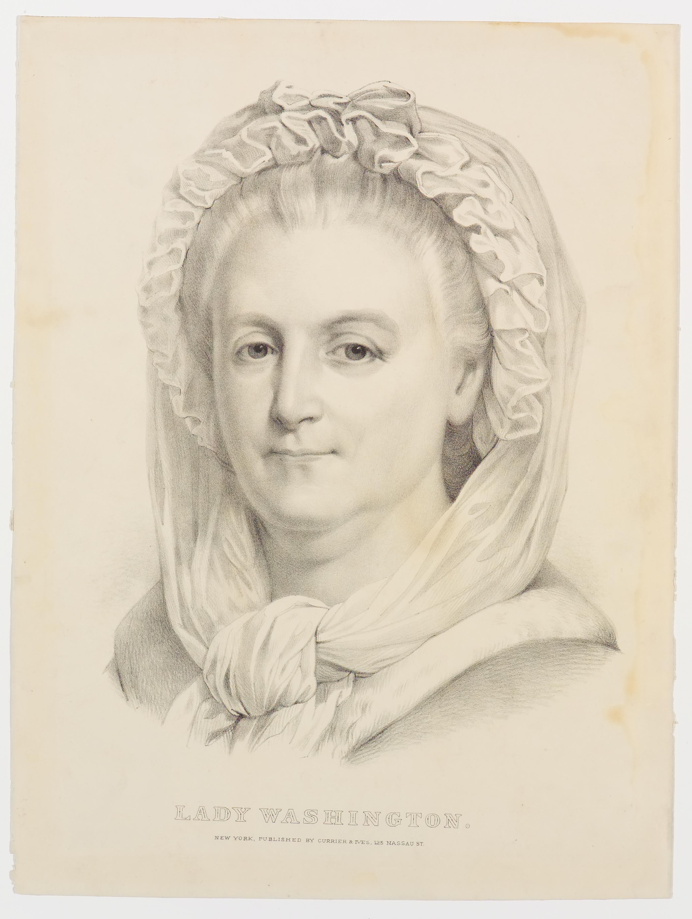 Black and white sketch of shoulder view of older woman with head covered in ruffled scarf and tied at center under neck