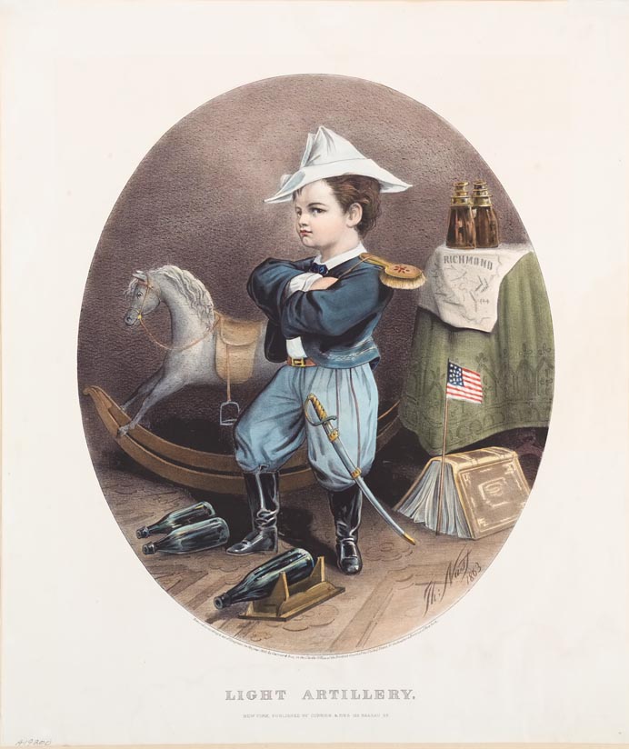 Boy dressed as soldier rocking horse behind