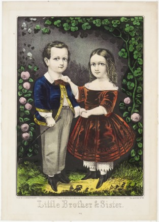 Young boy in blue jacket trimmed in gold holding riding crop in proper right hand standing to left of center