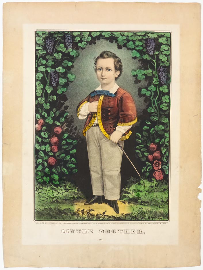 Young boy standing in center facing ahead; proper right hand tucked into jacket