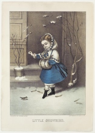 Young girl dressed in blue with white knitted hat and shawl cover trimmed in white and blue pompoms