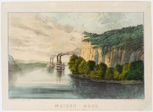 Daylight river scene of cliffs to right and two steamships coming down river toward viewer