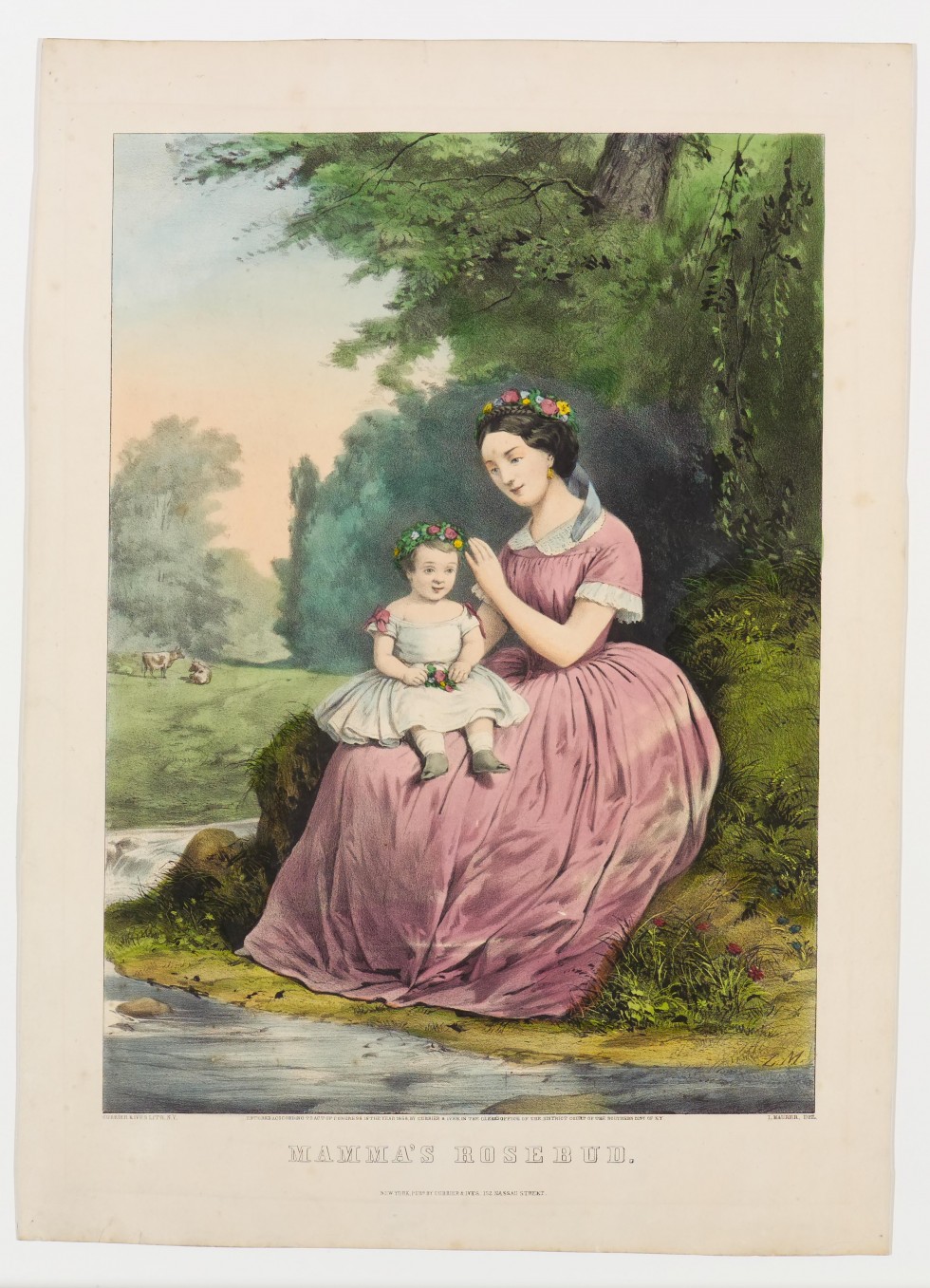 Seated woman and child along riverbank; child facing center