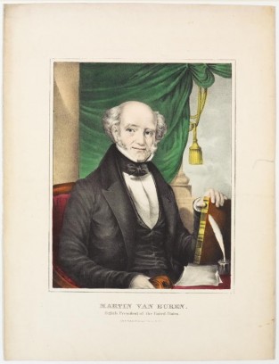 Man seated at center in red chair in front of green draped column