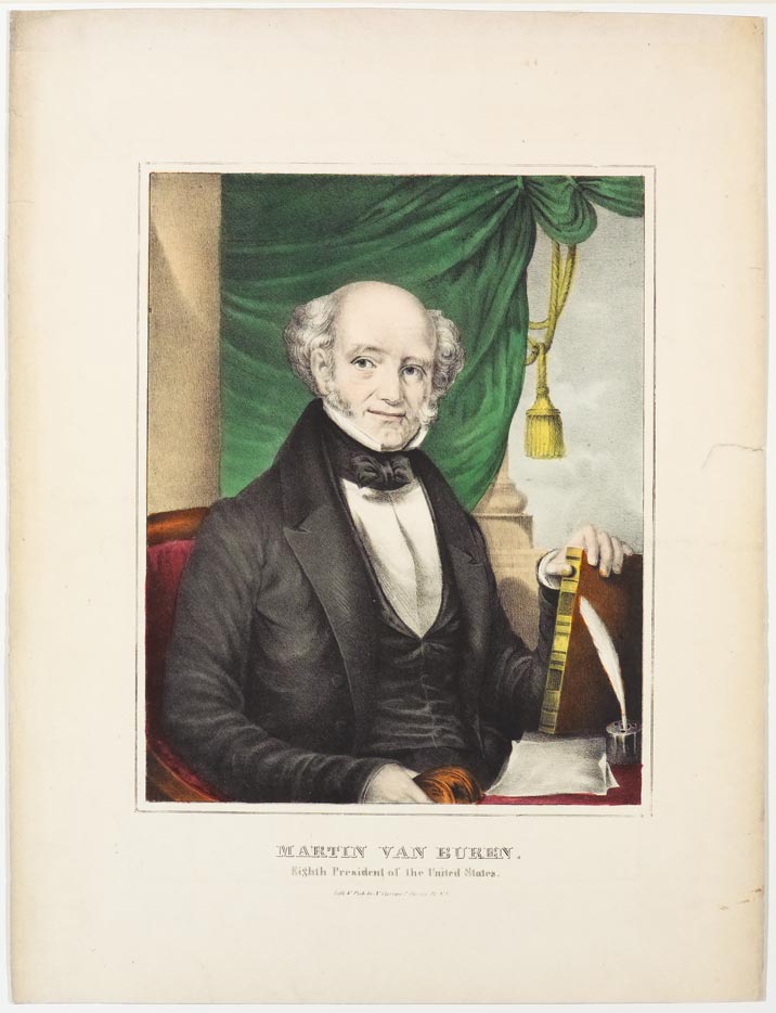 Man seated at center in red chair in front of green draped column