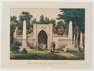 Woman and two children at left and one couple approaching from right at tomb