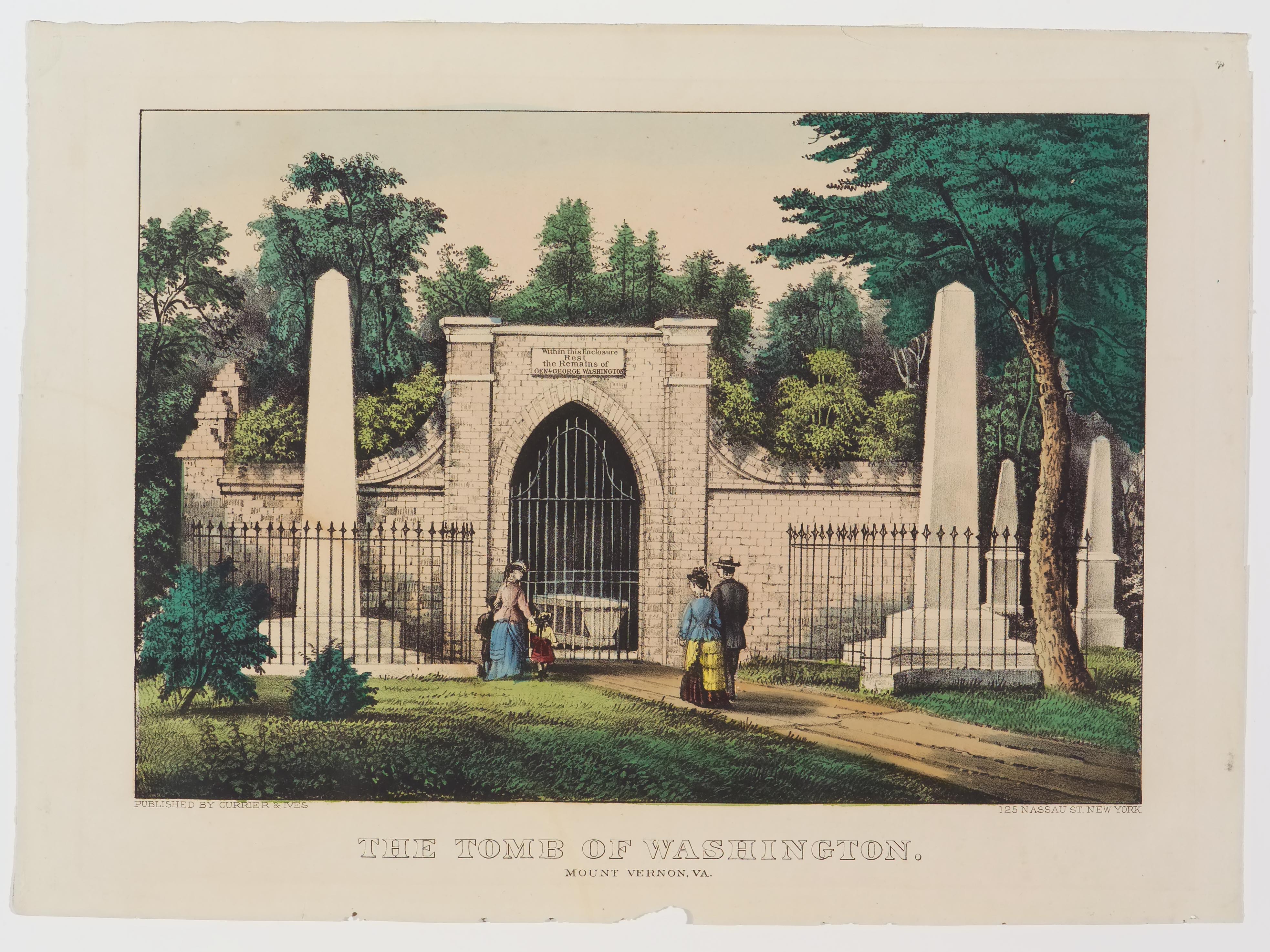 Woman and two children at left and one couple approaching from right at tomb