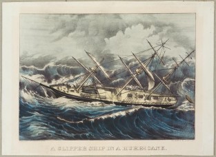 Clipper Ship Sailing To Left In Image On Stormy Seas