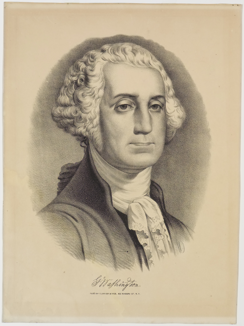 Portrait- shoulder length of George Washington turned to his right facing viewer