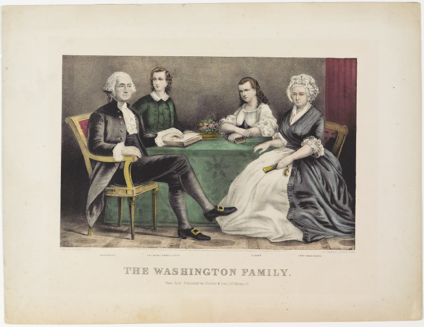 George Washington at table with hand on book
