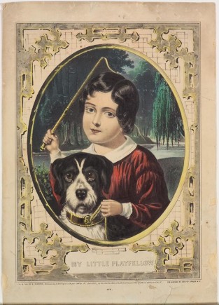 Young Boy In Red Shirt At Center Standing With Dog Holding Leash Off Dog's Collar