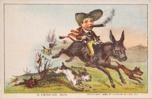 Man Smoking Cigar Riding Donkey Surrounded By Dogs Running Alongside