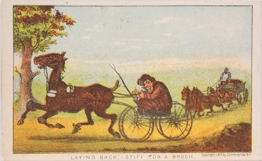 Man in buggy behind horse; man in wagon with a four team in rear background