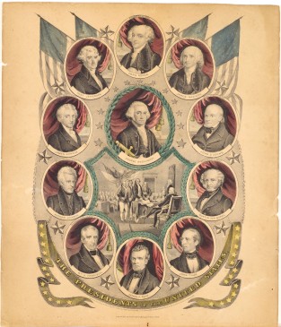 Ten Presidents of the United States in ovals around oval of George Washington in upper center