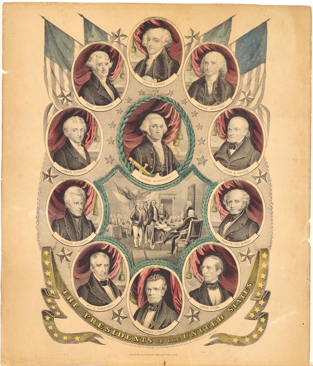 Ten Presidents of the United States in ovals around oval of George Washington in upper center