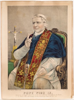 Pope Pius IX Seated At Center With Two Fingers Of Right Hand Raised In Benediction