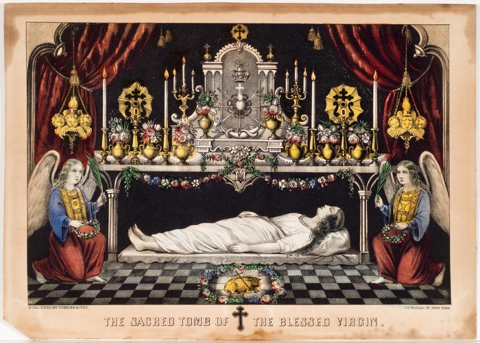 Body of Virgin Mary in white lying on stone slab beneath altar decorated with vessels of flowers