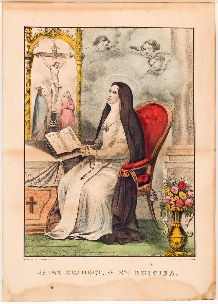 Woman seated at center wearing a robe and habit