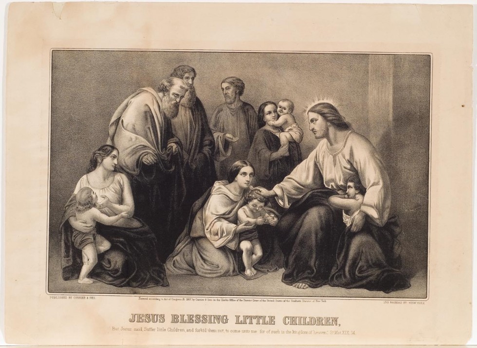 Jesus seated at far right with child leaning at his lap
