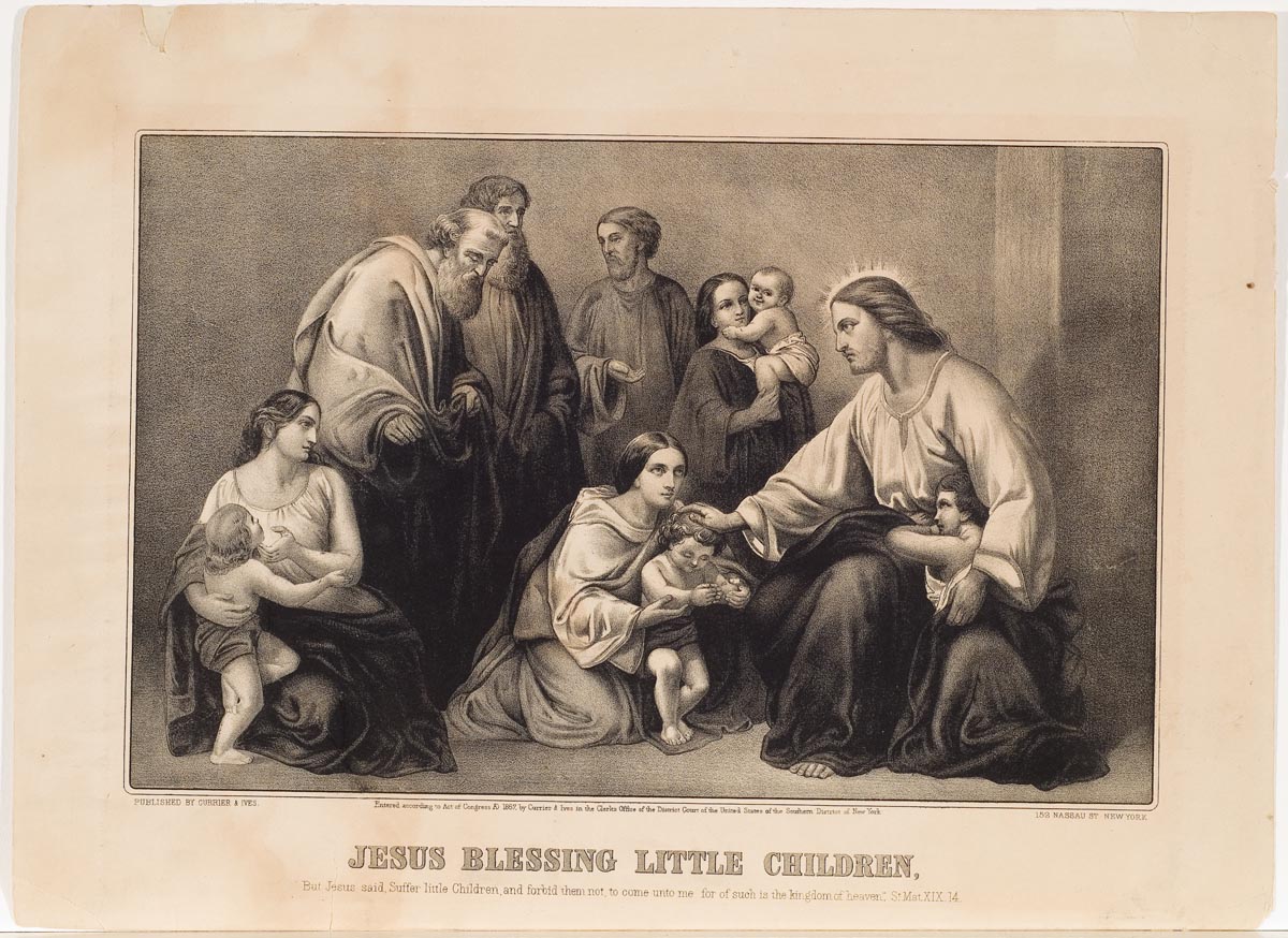 Jesus seated at far right with child leaning at his lap