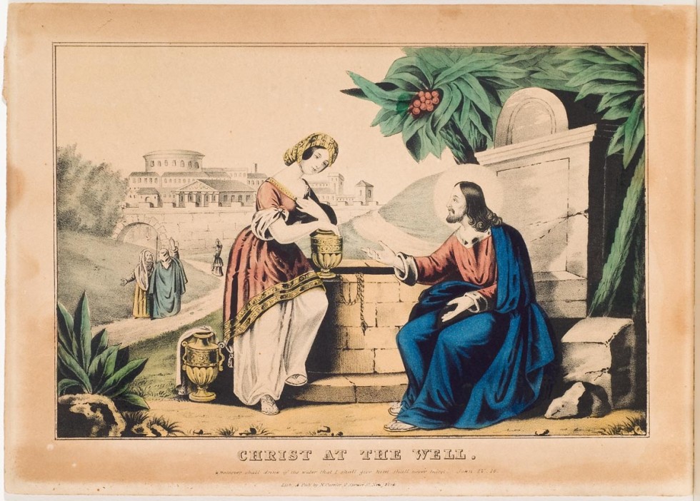 Christ seated to right of well