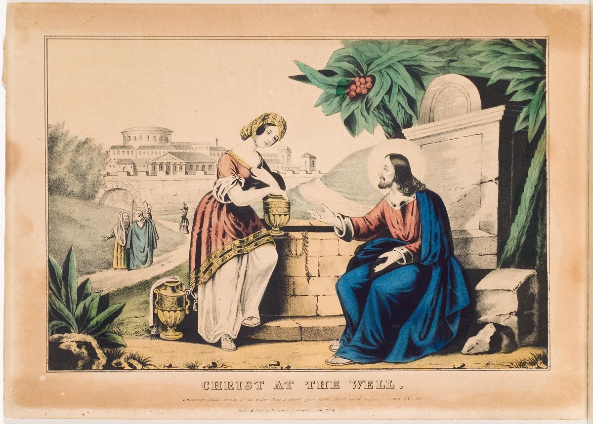 Christ seated to right of well