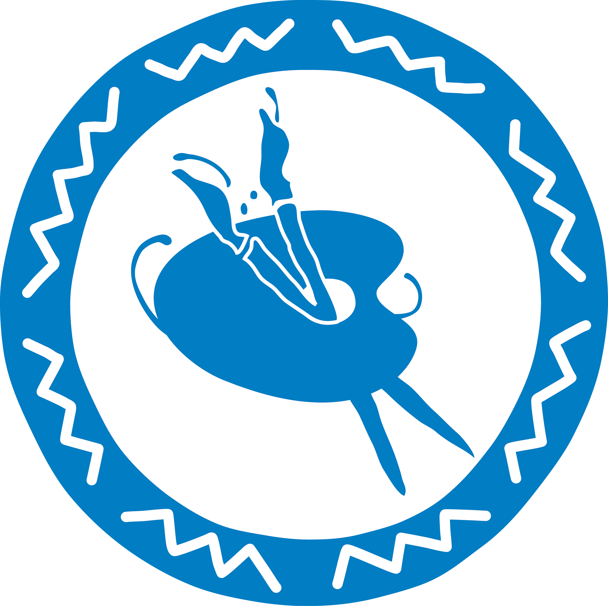 Circular, blue medallion with paintbrushes and painter's palette at the center.