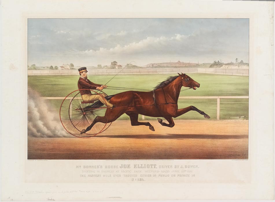 Horse and driver racing to right in image