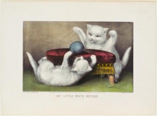 Two white kittens playing with ball of blue yarn