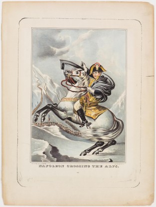 Napoleon In Uniform On White Horse With Army Lining Mountain In Background Left