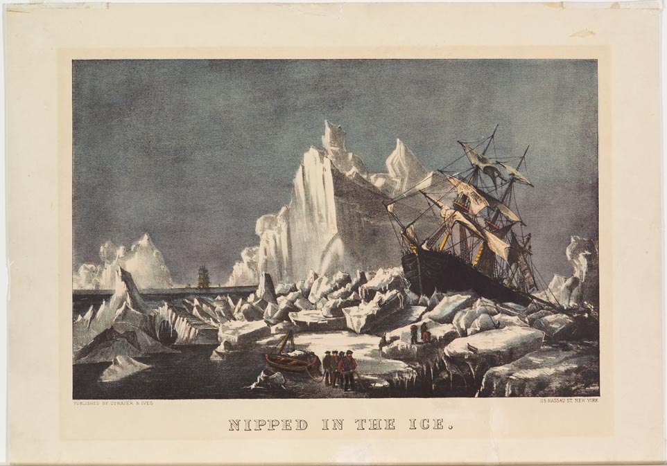 Glacier scene ship stranded up on iceberg to right